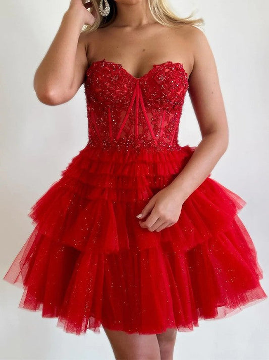 A-Line/Princess Tulle Applique Sweetheart Sleeveless Short/Mini Corset Prom Dress