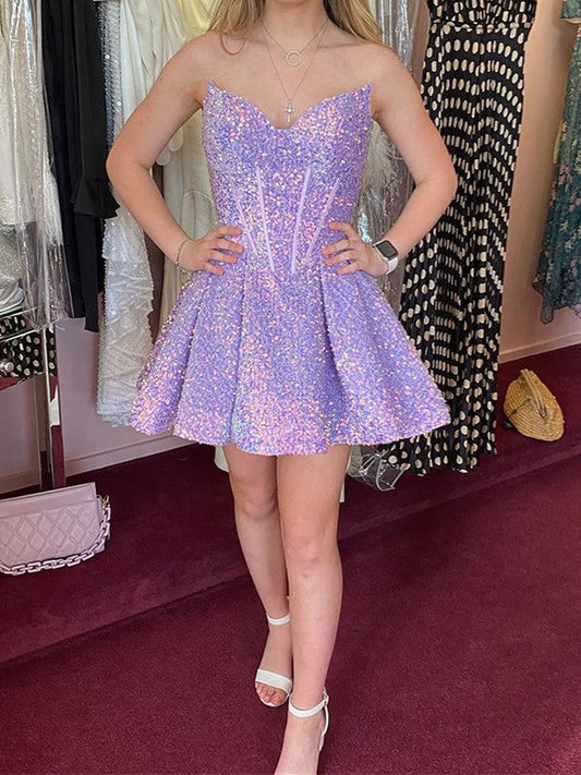 A-Line/Princess Velvet Sequins Strapless Sleeveless Short/Mini Corset Homecoming Dress
