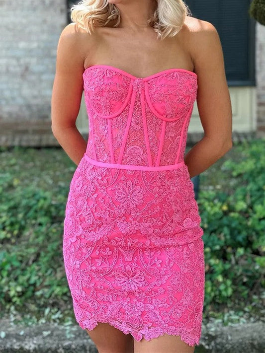 Sheath/Column Lace Applique Strapless Sleeveless Short/Mini Corset Prom Dress