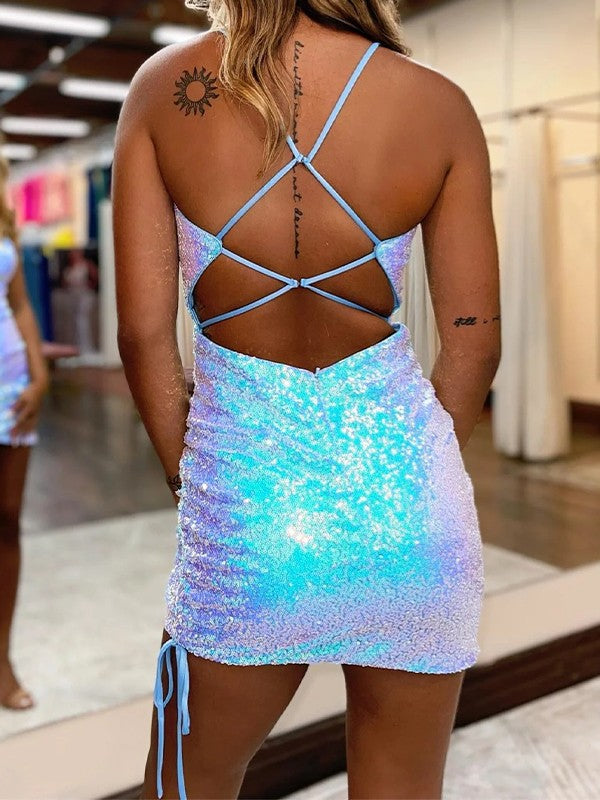 Sheath/Column Sequins Spaghetti Straps Sleeveless Short/Mini Prom Dress