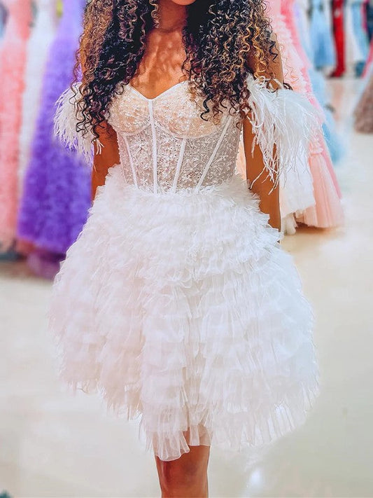 A-Line/Princess Tulle Feathers/Fur Off-the-Shoulder Sleeveless Short/Mini Corset Prom Dress
