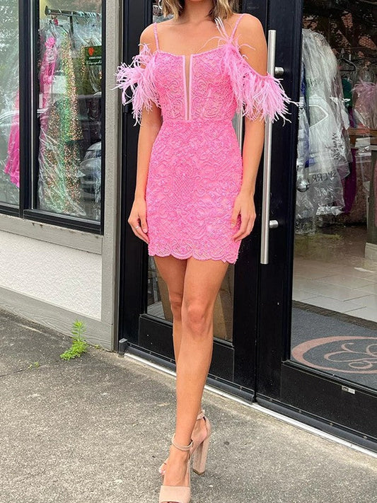 Sheath/Column Lace Feathers/Fur Spaghetti Straps Sleeveless Short/Mini Corset Prom Dress