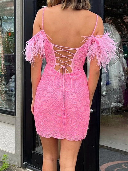 Sheath/Column Lace Feathers/Fur Spaghetti Straps Sleeveless Short/Mini Corset Prom Dress