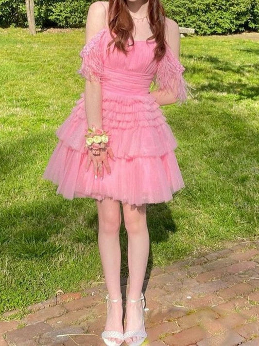 A-Line/Princess Tulle Feathers/Fur Off-the-Shoulder Sleeveless Short/Mini Prom Dress