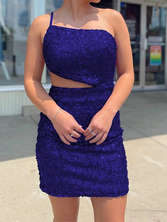 Sheath/Column Velvet Sequins One-Shoulder Sleeveless Short/Mini Prom Dress