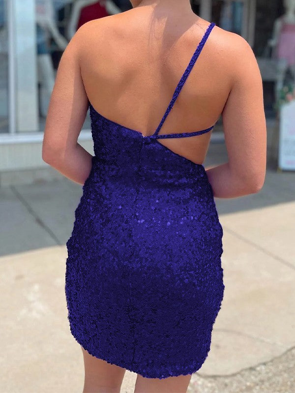 Sheath/Column Velvet Sequins One-Shoulder Sleeveless Short/Mini Prom Dress