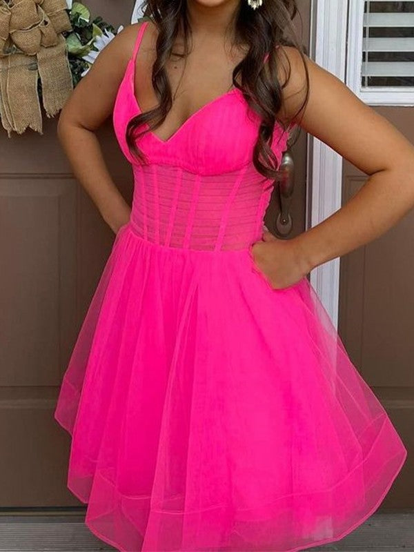 Hot Pink A-Line/Princess Tulle V-neck Sleeveless Short/Mini Corset Homecoming Dress
