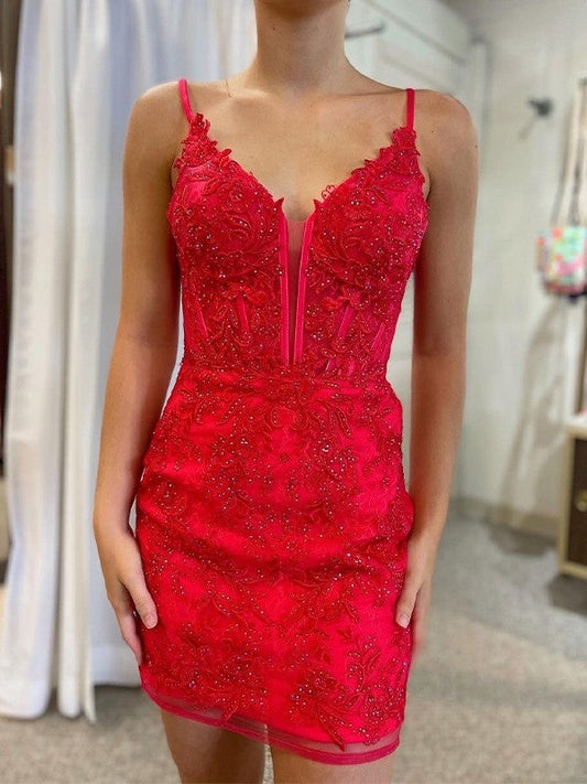 Sheath/Column Tulle Applique V-neck Sleeveless Short/Mini Corset Prom Dress