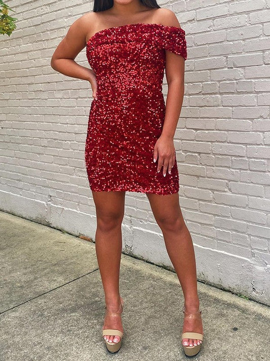 Sheath/Column Velvet Sequins One-Shoulder Sleeveless Short/Mini Prom Dress