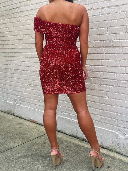 Sheath/Column Velvet Sequins One-Shoulder Sleeveless Short/Mini Prom Dress