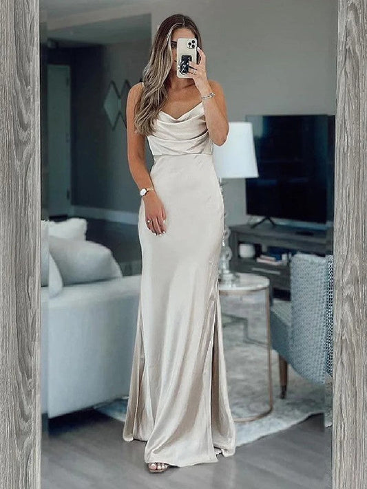 Sheath/Column Silk like Satin Ruched Spaghetti Straps Sleeveless Floor-Length Bridesmaid Dresses