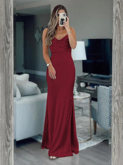 Sheath/Column Silk like Satin Ruched Spaghetti Straps Sleeveless Floor-Length Bridesmaid Dresses