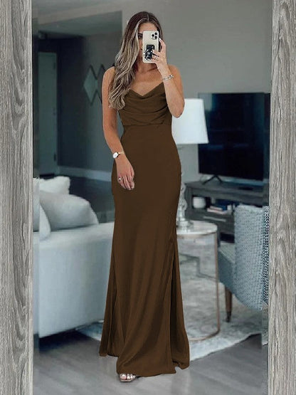 Sheath/Column Silk like Satin Ruched Spaghetti Straps Sleeveless Floor-Length Bridesmaid Dresses
