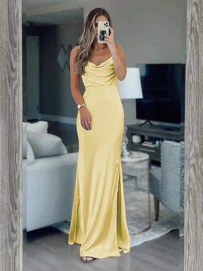 Sheath/Column Silk like Satin Ruched Spaghetti Straps Sleeveless Floor-Length Bridesmaid Dresses
