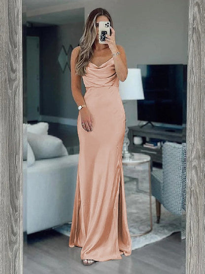 Sheath/Column Silk like Satin Ruched Spaghetti Straps Sleeveless Floor-Length Bridesmaid Dresses