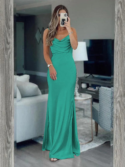 Sheath/Column Silk like Satin Ruched Spaghetti Straps Sleeveless Floor-Length Bridesmaid Dresses