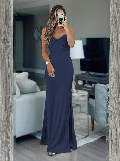Sheath/Column Silk like Satin Ruched Spaghetti Straps Sleeveless Floor-Length Bridesmaid Dresses