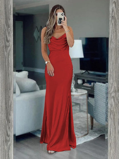 Sheath/Column Silk like Satin Ruched Spaghetti Straps Sleeveless Floor-Length Bridesmaid Dresses