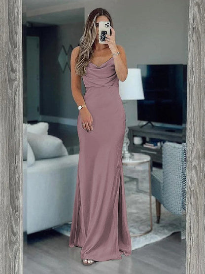Sheath/Column Silk like Satin Ruched Spaghetti Straps Sleeveless Floor-Length Bridesmaid Dresses
