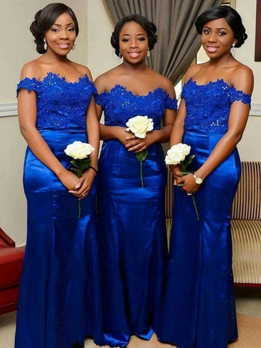 Sheath/Column Elastic Woven Satin Applique Off-the-Shoulder Sleeveless Floor-Length Bridesmaid Dresses
