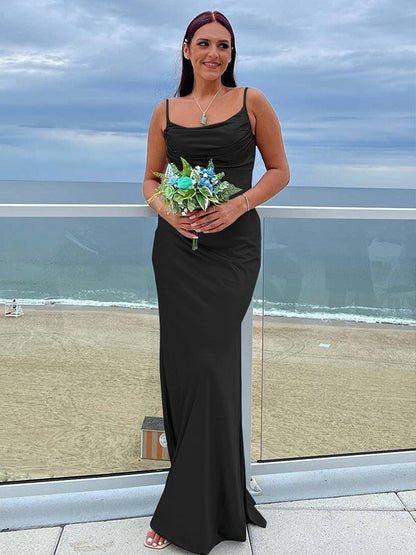 Sheath/Column NS Elastic Woven Satin Ruched Spaghetti Straps Sleeveless Floor-Length Bridesmaid Dresses