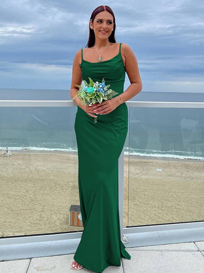 Sheath/Column NS Elastic Woven Satin Ruched Spaghetti Straps Sleeveless Floor-Length Bridesmaid Dresses