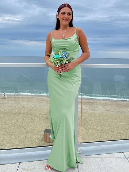 Sheath/Column NS Elastic Woven Satin Ruched Spaghetti Straps Sleeveless Floor-Length Bridesmaid Dresses