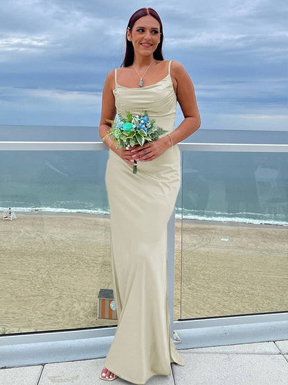 Sheath/Column NS Elastic Woven Satin Ruched Spaghetti Straps Sleeveless Floor-Length Bridesmaid Dresses