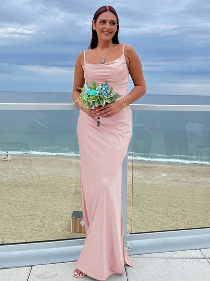Sheath/Column NS Elastic Woven Satin Ruched Spaghetti Straps Sleeveless Floor-Length Bridesmaid Dresses