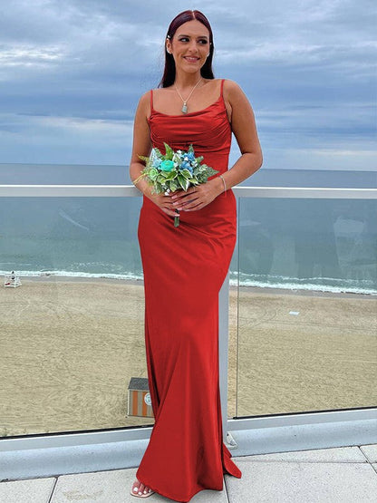 Sheath/Column NS Elastic Woven Satin Ruched Spaghetti Straps Sleeveless Floor-Length Bridesmaid Dresses