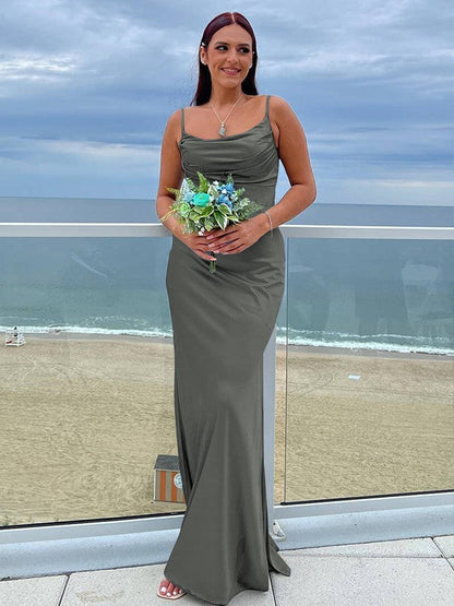 Sheath/Column NS Elastic Woven Satin Ruched Spaghetti Straps Sleeveless Floor-Length Bridesmaid Dresses