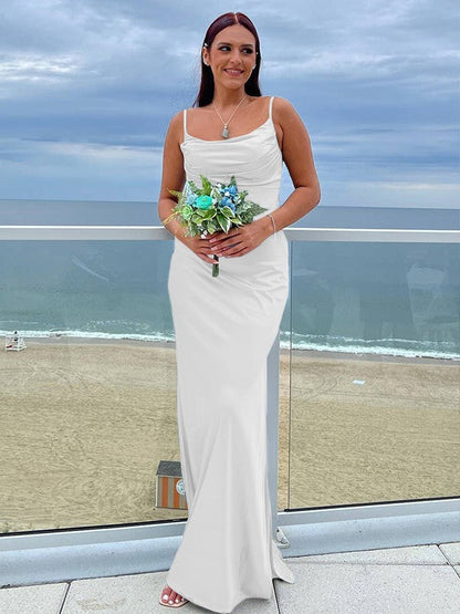 Sheath/Column NS Elastic Woven Satin Ruched Spaghetti Straps Sleeveless Floor-Length Bridesmaid Dresses