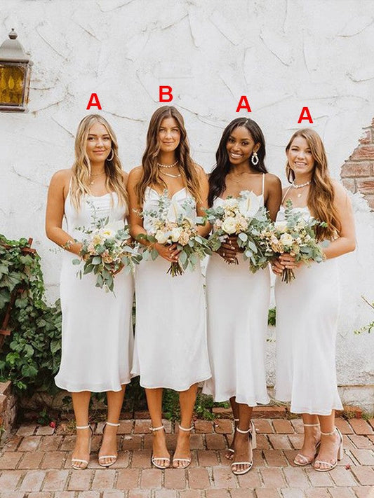 Sheath/Column Chiffon Ruched Spaghetti Straps Sleeveless Tea-Length Bridesmaid Dresses
