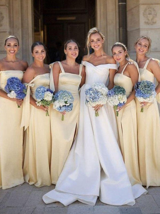 A-line Straps Floor-Length Elastic Woven Satin Bridesmaid Dresses