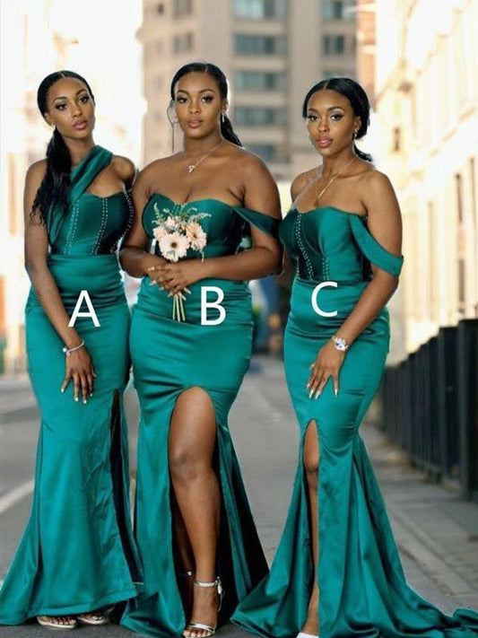 Sheath Off-the-Shoulder Sweep Train Silk Like Satin Bridesmaid Dresses