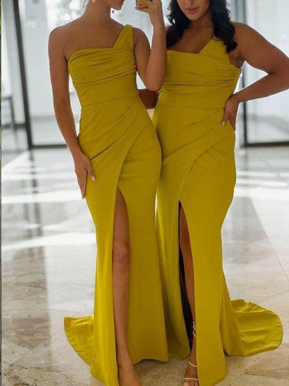 Sheath One-Shoulder Pleated Sweep Train Stretch Crepe Bridesmaid Dresses