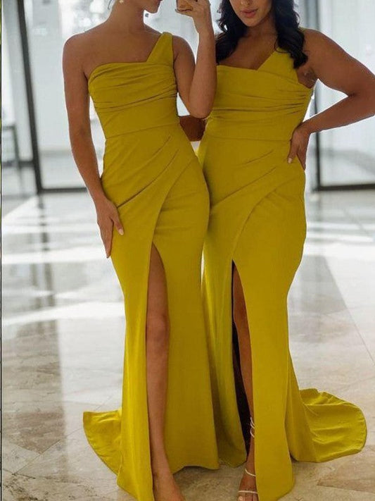 Sheath One-Shoulder Pleated Sweep Train Stretch Crepe Bridesmaid Dresses