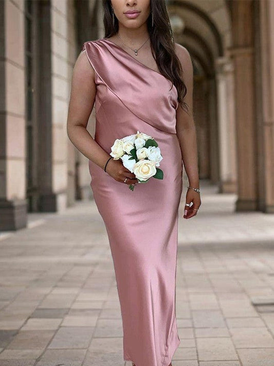 Sheath One-Shoulder Pleated Floor-Length Elastic Woven Satin Bridesmaid Dresses