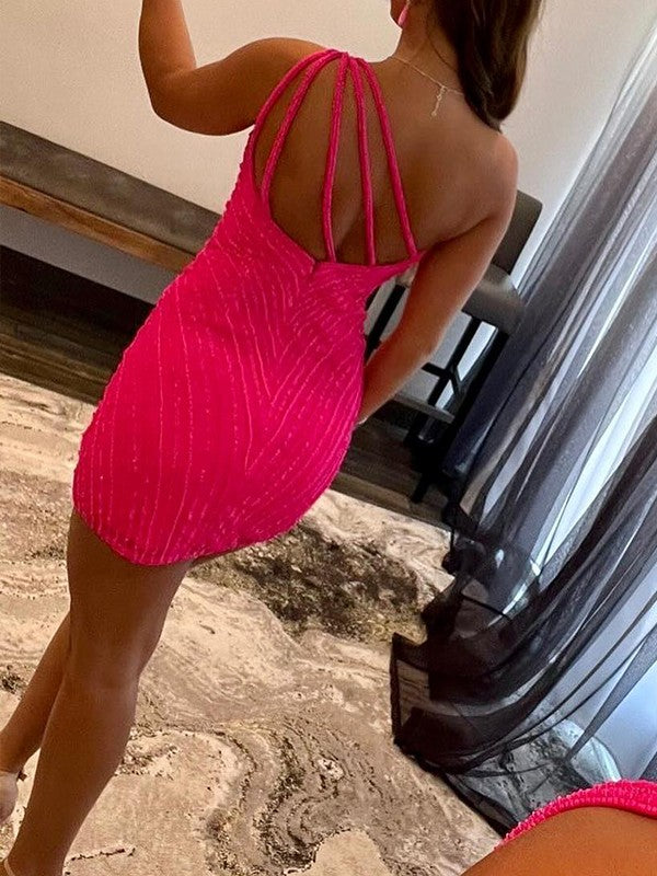 Sheath/Column Tulle Ruched One-Shoulder Sleeveless Short/Mini Prom Dress