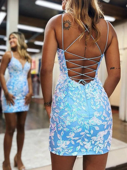 Sheath/Column Lace Applique Spaghetti Straps Sleeveless Short/Mini Prom Dress