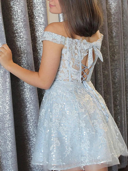 A-Line/Princess Lace Applique Off-the-Shoulder Sleeveless Corset Short/Mini Homecoming Dress