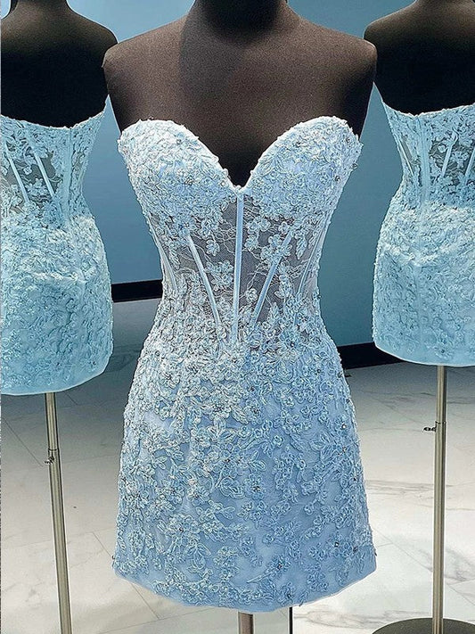 A-Line/Princess Lace Applique Sweetheart Sleeveless Corset Short/Mini Homecoming Dress