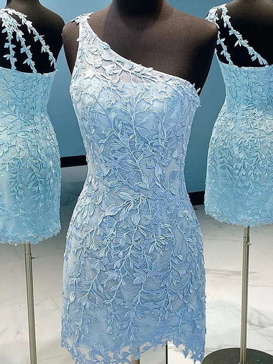 Sheath/Column Lace Applique One-Shoulder Sleeveless Short/Mini Prom Dress