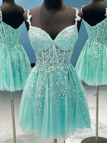 A-Line/Princess Tulle Applique Sweetheart Sleeveless Corset Short/Mini Prom Dress
