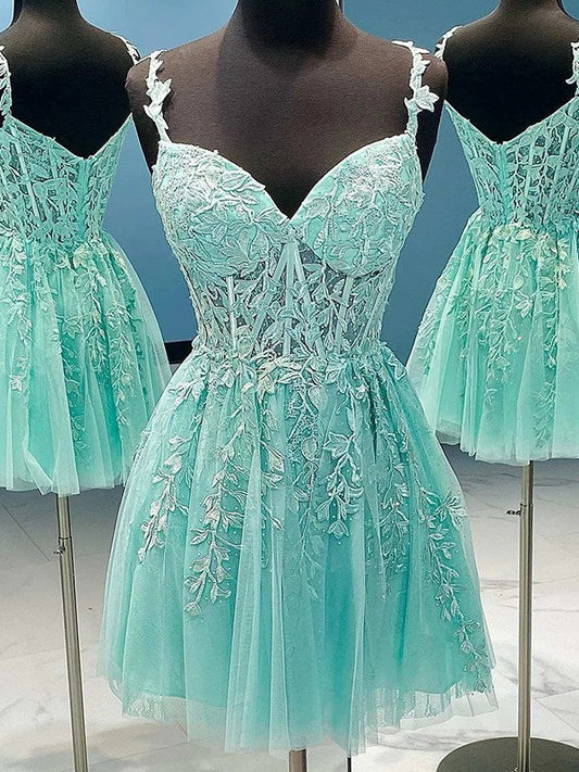 A-Line/Princess Tulle Applique Sweetheart Sleeveless Corset Short/Mini Prom Dress