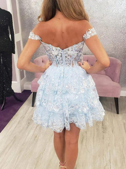A-Line/Princess Tulle Applique Off-the-Shoulder Sleeveless Corset Short/Mini Prom Dress