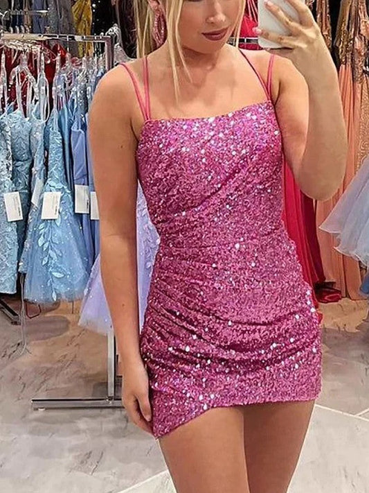 Sheath/Column Sequins Ruched Square Sleeveless Short/Mini Prom Dress