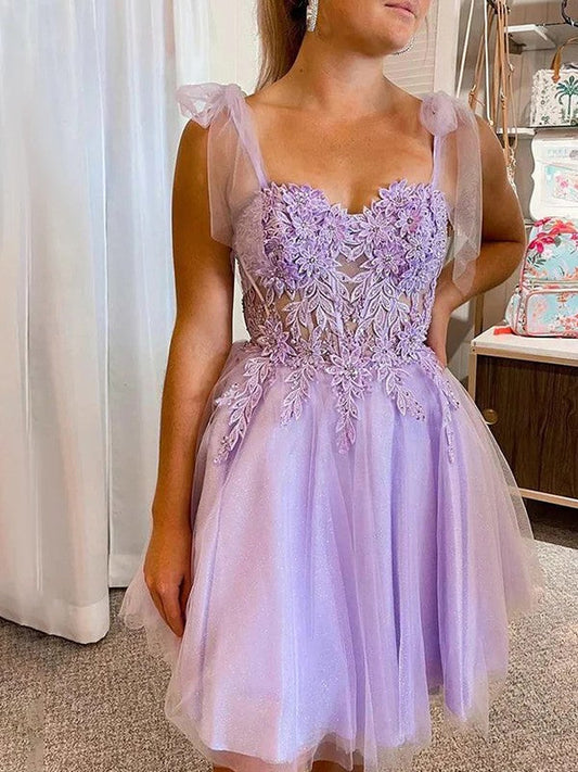 A-Line/Princess Tulle Applique Sweetheart Sleeveless Corset Short/Mini Prom Dress