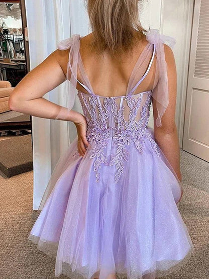 A-Line/Princess Tulle Applique Sweetheart Sleeveless Corset Short/Mini Prom Dress