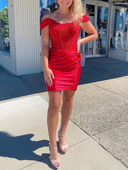Sheath/Column Elastic Woven Satin Ruched Off-the-Shoulder Sleeveless Corset Short/Mini Prom Dress